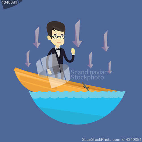 Image of Business man standing in sinking boat.