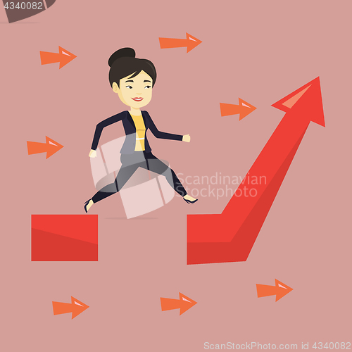 Image of Business woman jumping over gap on arrow going up.