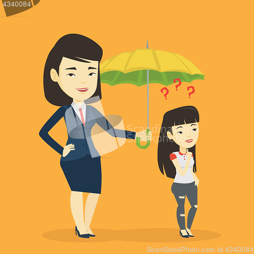 Image of Businesswoman holding umbrella over woman.