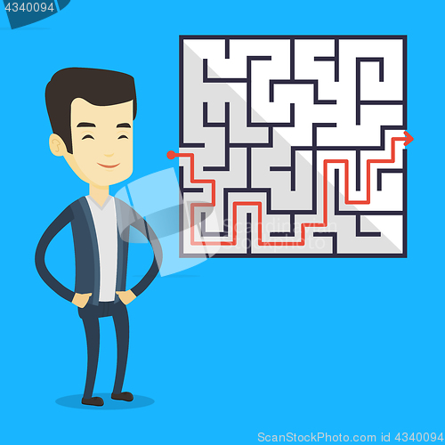 Image of Business man looking at labyrinth with solution.