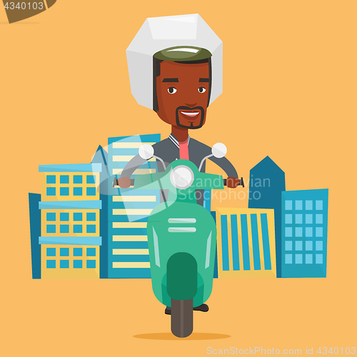 Image of African-american man riding scooter in the city.