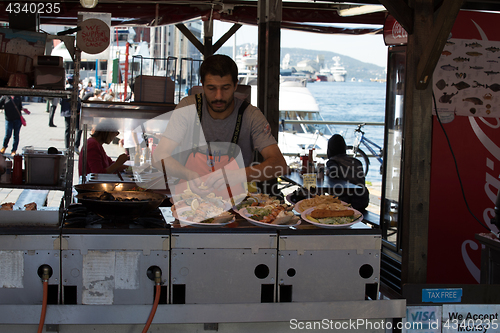 Image of BERGEN MARKET SQUARE, NORWAY - MAY 27, 2017: Grocery stores that