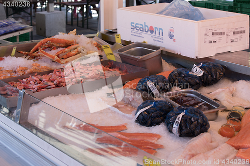 Image of BERGEN MARKET SQUARE, NORWAY - MAY 27, 2017: Grocery stores that