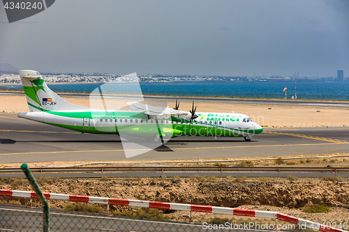 Image of ARECIFE, SPAIN - APRIL, 16 2017: ATR 72 of Binter with the regis