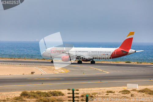 Image of ARECIFE, SPAIN - APRIL, 16 2017: AirBus A321 of IBERIA with the 