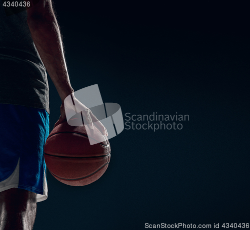 Image of The hand of a basketball player with ball