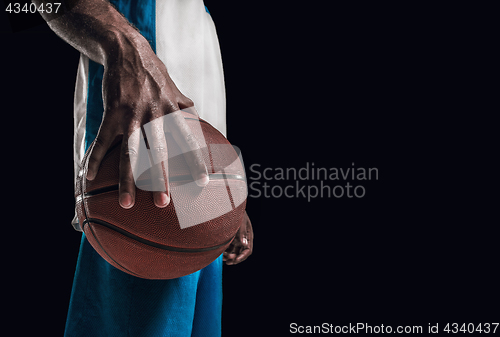 Image of The hand of a basketball player with ball