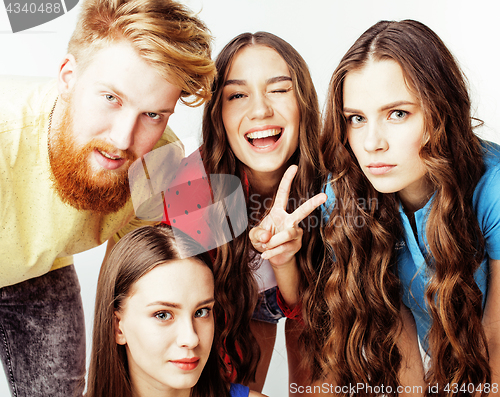 Image of company of hipster guys, bearded red hair boy and girls students having fun together friends, diverse fashion style, lifestyle people concept isolated on white background