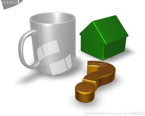Image of mug, question mark and house model - 3d rendering