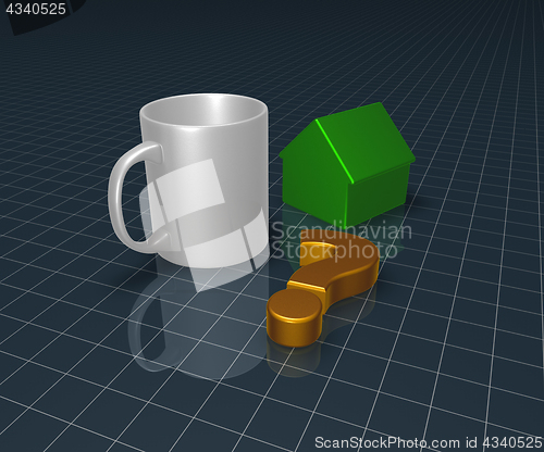 Image of mug, question mark and house model - 3d rendering