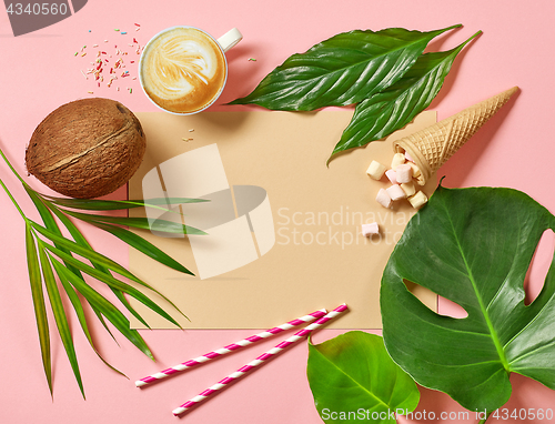 Image of holidays background with tropical leaves