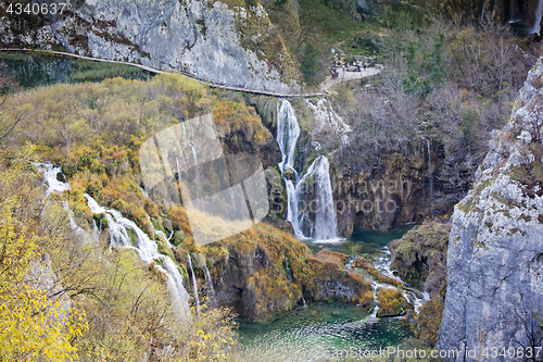 Image of Autumn view of beautiful waterfalls in Plitvice Lakes National P