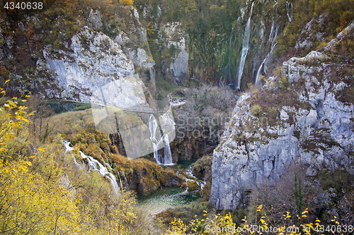 Image of Autumn view of beautiful waterfalls in Plitvice Lakes National P