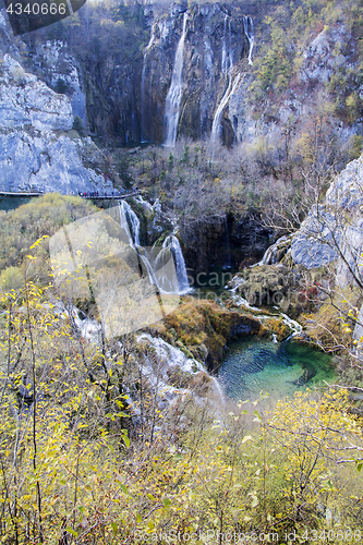 Image of Autumn view of beautiful waterfalls in Plitvice Lakes National P