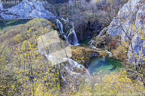 Image of Autumn view of beautiful waterfalls in Plitvice Lakes National P