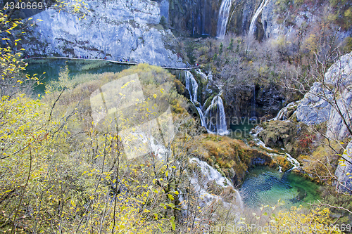 Image of Autumn view of beautiful waterfalls in Plitvice Lakes National P