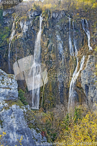 Image of Autumn view of beautiful waterfalls in Plitvice Lakes National P