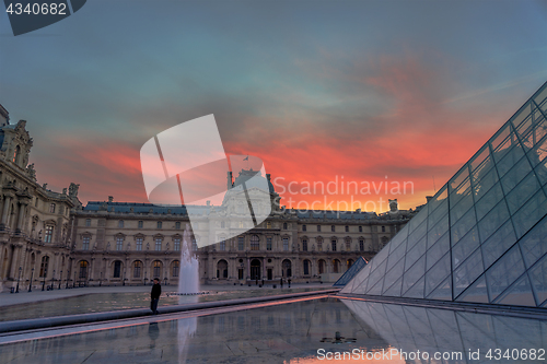 Image of  View of famous Louvre Museum with Louvre Pyramid