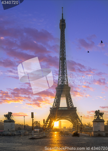 Image of The Eiffel tower at sunrise in Paris 