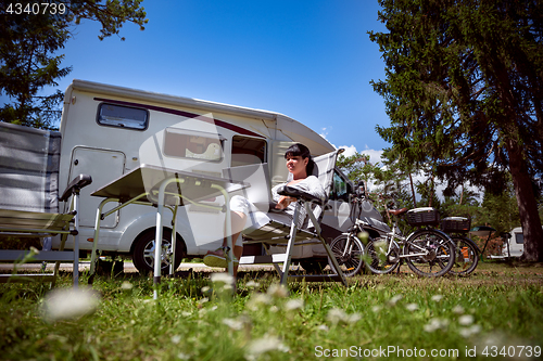 Image of Family vacation travel, holiday trip in motorhome RV