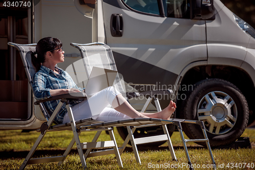 Image of Family vacation travel, holiday trip in motorhome RV