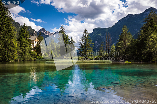 Image of Lake Dobbiaco in the Dolomites, Italy