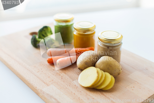 Image of vegetable puree or baby food in glass jars