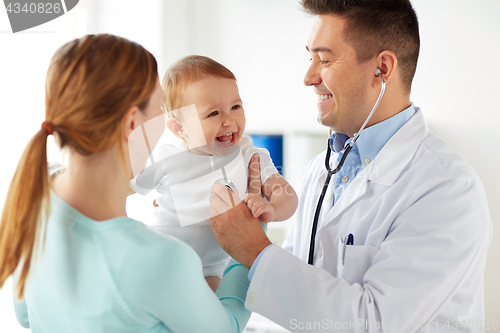 Image of doctor with stethoscope and baby at clinic