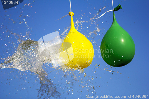 Image of Explosion of balloon full of water on sky background