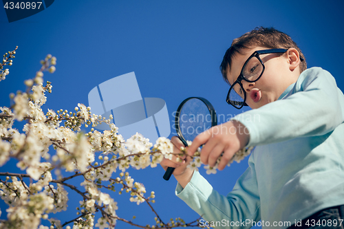 Image of Happy little boy exploring nature with magnifying glass at the d