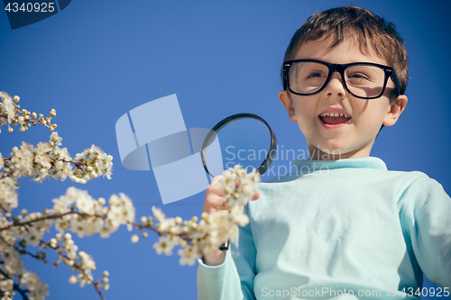 Image of Happy little boy exploring nature with magnifying glass at the d