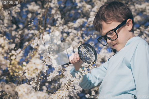 Image of Happy little boy exploring nature with magnifying glass at the d