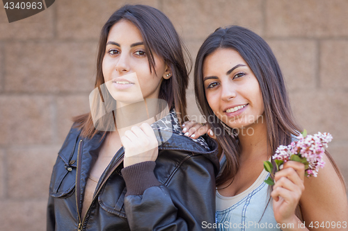 Image of Two Beautiful Ethnic Twin Sisters Portrait Outdoors.