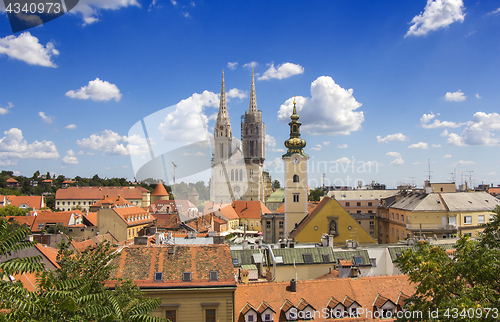 Image of Zagreb cathedral and St Catherine church, panoramic view from Up