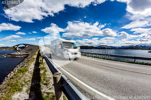 Image of Caravan car RV travels on the highway Atlantic Ocean Road Norway