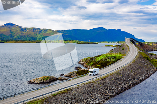 Image of Caravan car RV travels on the highway Atlantic Ocean Road Norway