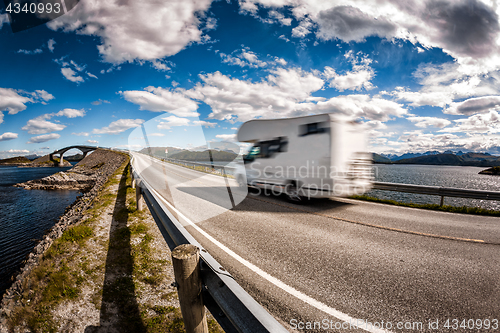 Image of Caravan car RV travels on the highway Atlantic Ocean Road Norway