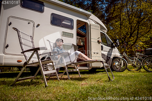 Image of Family vacation travel, holiday trip in motorhome RV