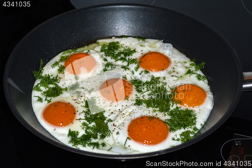 Image of Frying pan with fried eggs.