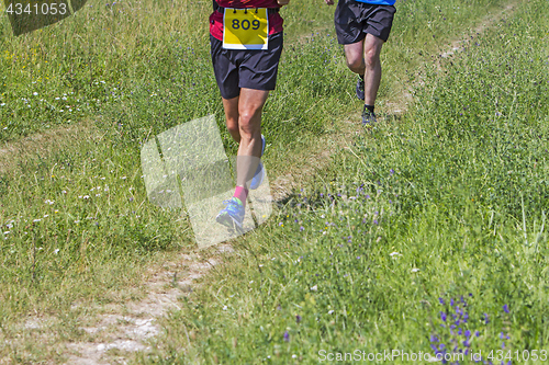 Image of Two athletes Running marathon outdoors