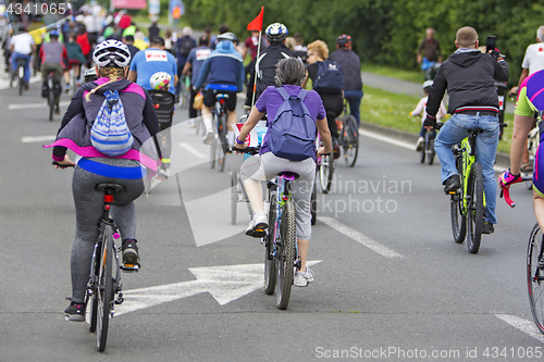 Image of Bicyclists in traffic public transport in the city