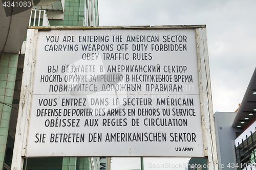 Image of Historical sign at Checkpoint Charlie in Berlin