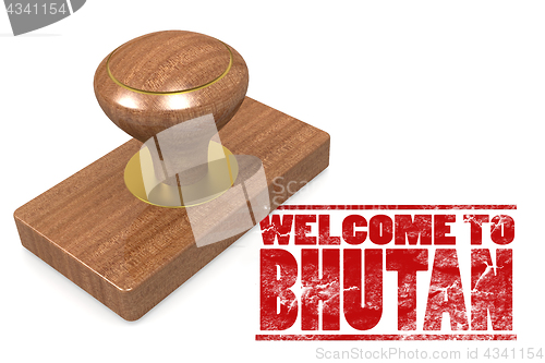 Image of Red rubber stamp with welcome to Bhutan