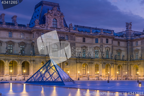 Image of View of famous Louvre Museum with Louvre Pyramid