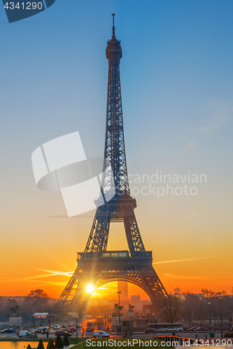 Image of The Eiffel tower at sunrise in Paris 