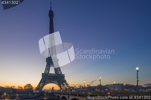 Image of The Eiffel tower at sunrise in Paris