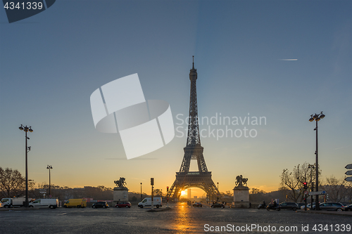 Image of The Eiffel tower at sunrise in Paris