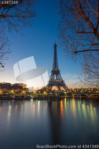 Image of The Eiffel tower at sunrise in Paris 