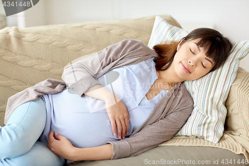 Image of happy pregnant woman sleeping on sofa at home