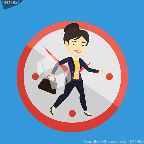 Image of Business woman running on clock background.